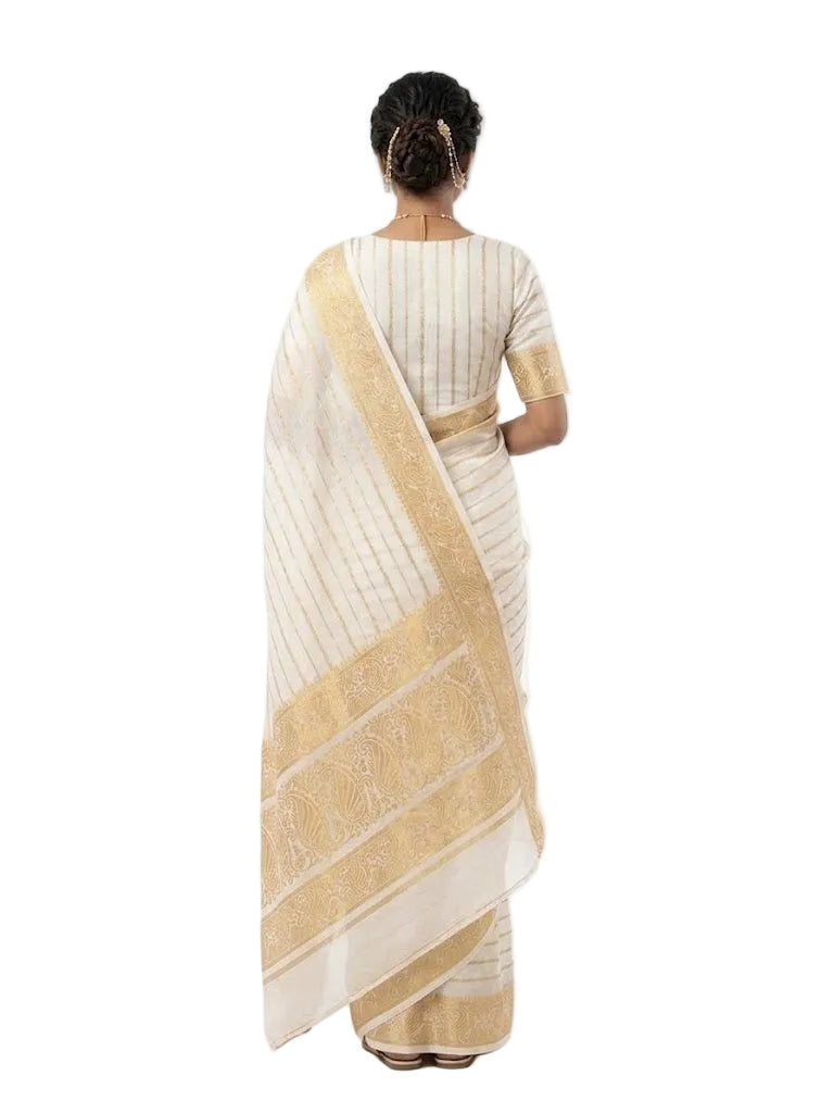 Elegant White Georgette Saree with Gold Border & All-Over Stripes
