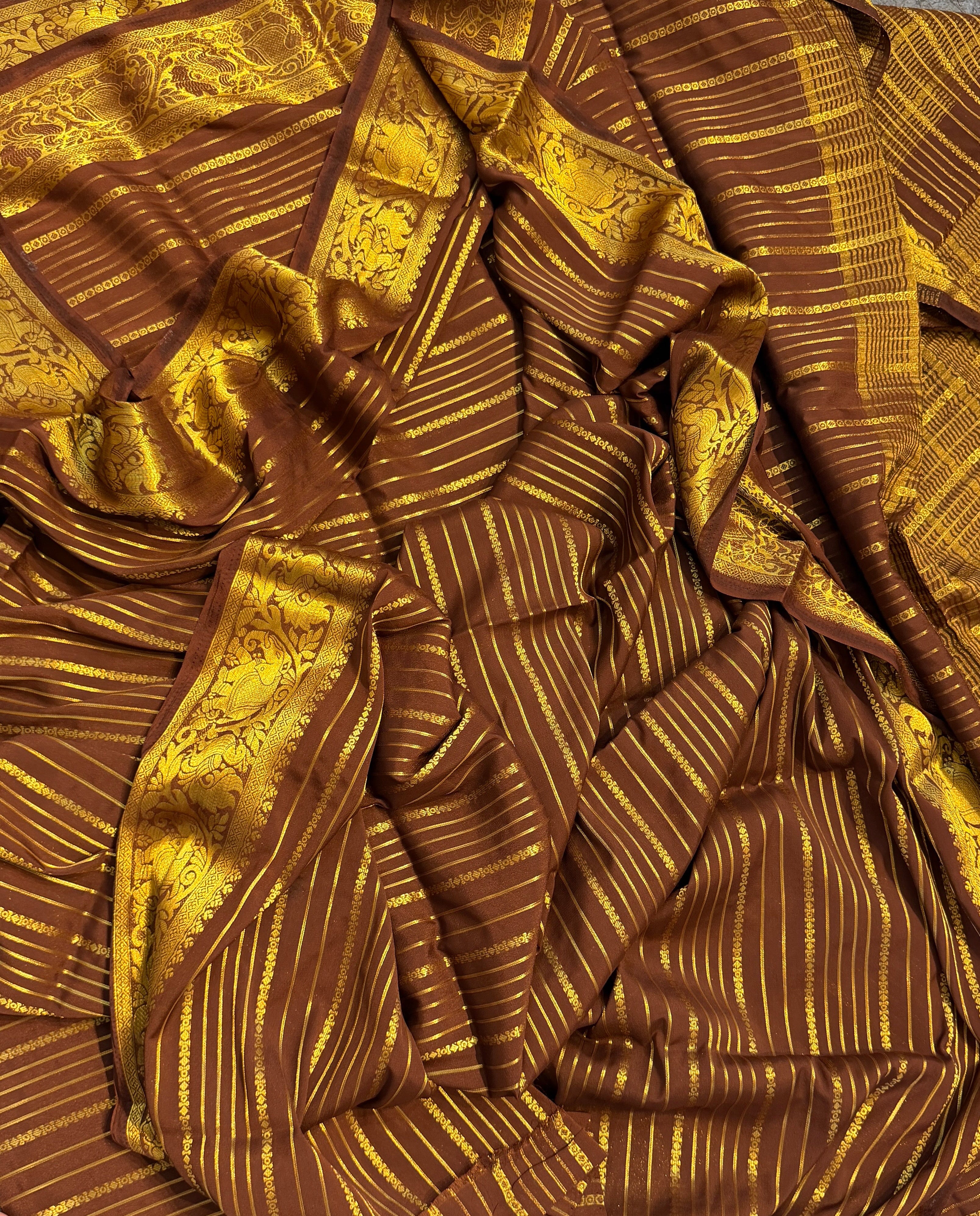 Elegant Brown & Gold Traditional Silk Saree with Rich Zari Work
