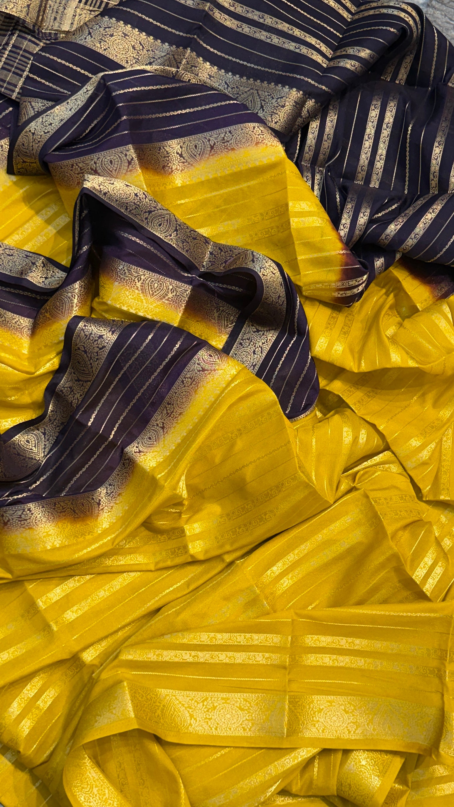 Vibrant Yellow Silk Saree with Contrast wine colour with Zari Border