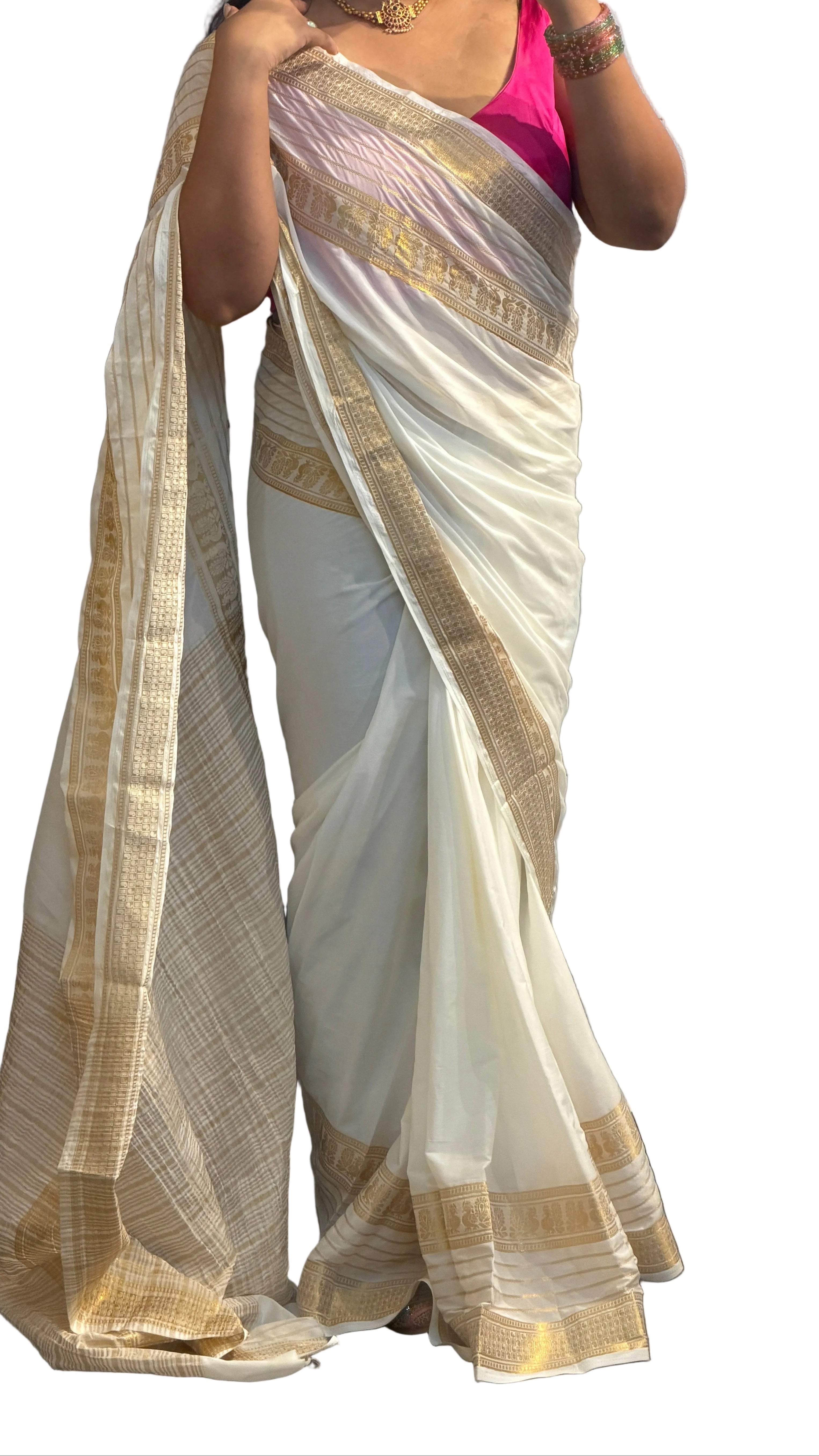 Ivory Elegance Georgette Saree with Rich Gold Zari Border & Pallu