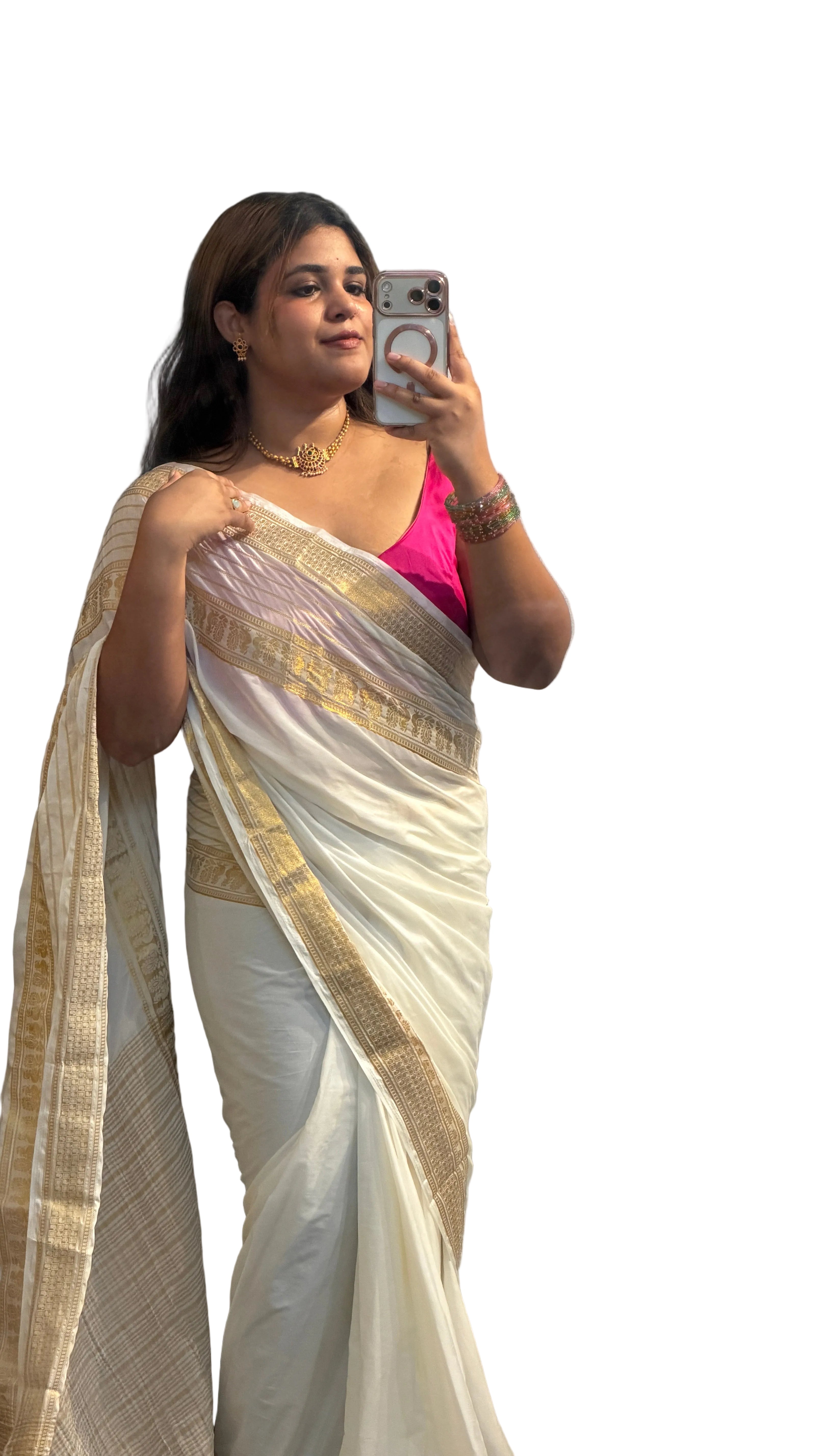 Ivory Elegance Georgette Saree with Rich Gold Zari Border & Pallu