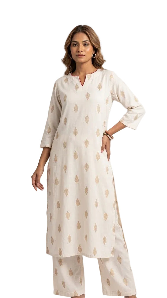 Women’s Off-White Rayon Kurti Set with Gold Leaf Print – 2-Piece Ethnic Suit