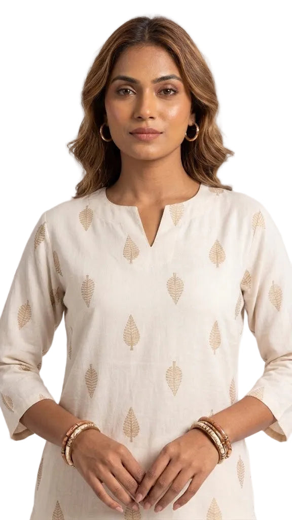 Women’s Off-White Rayon Kurti Set with Gold Leaf Print – 2-Piece Ethnic Suit