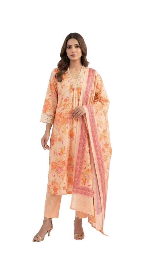 Floral 3-Piece Cotton Suit Set – Peach Blossom