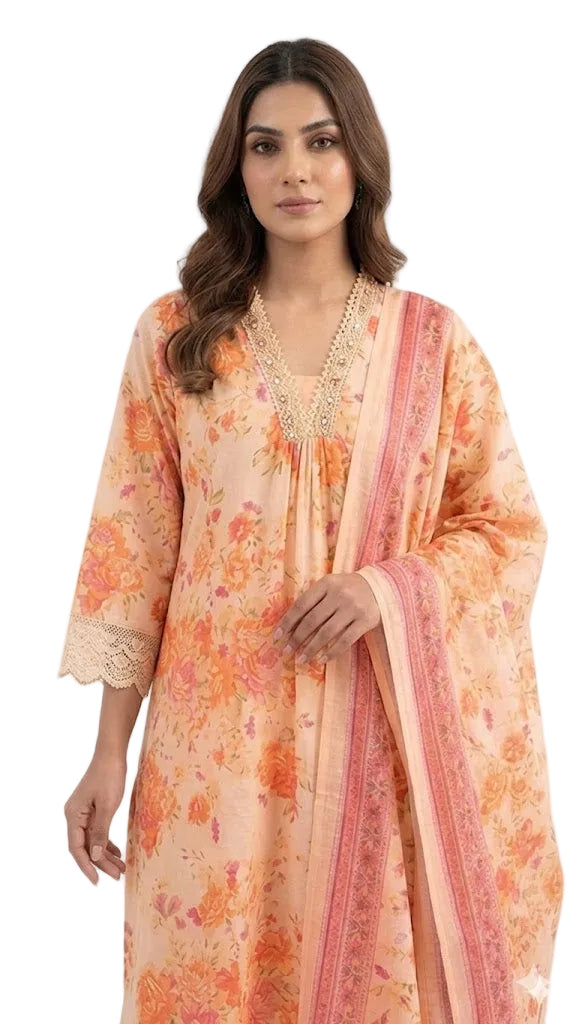Floral 3-Piece Cotton Suit Set – Peach Blossom