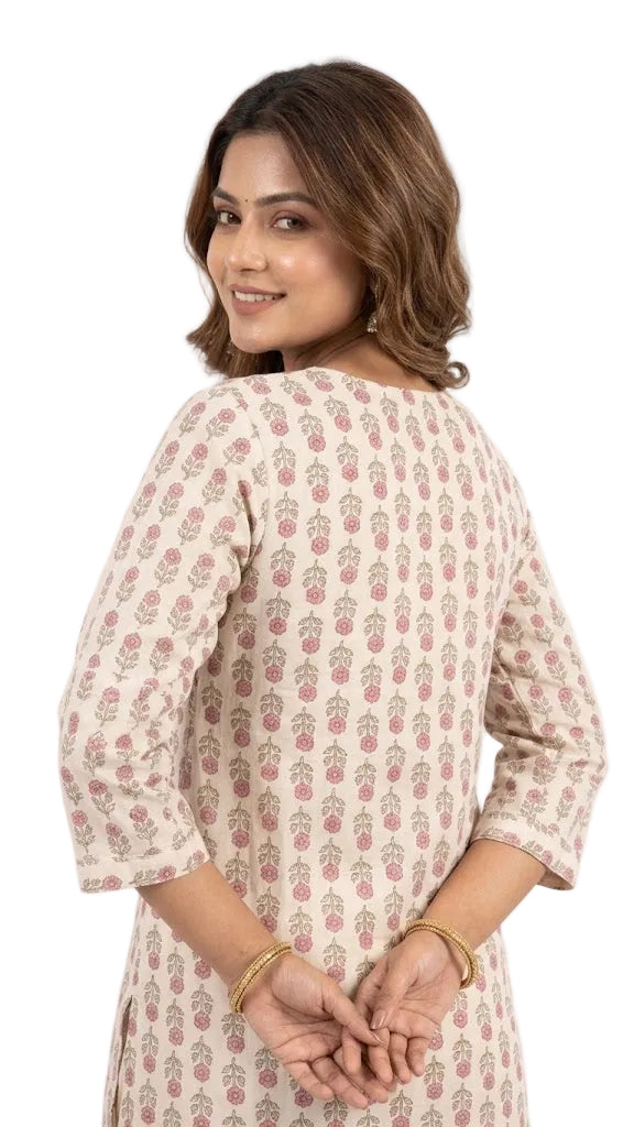 Floral Block-Print 2-Piece Kurti Set- off white