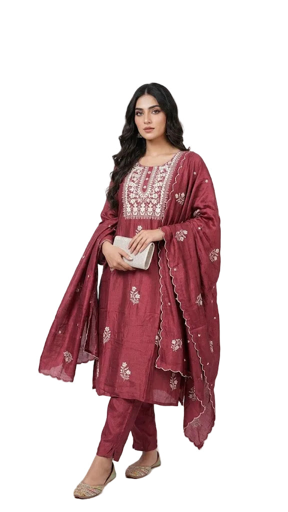 Vichitra Silk Embroidered Suit Set -Scalloped Dupatta -Golden Loom