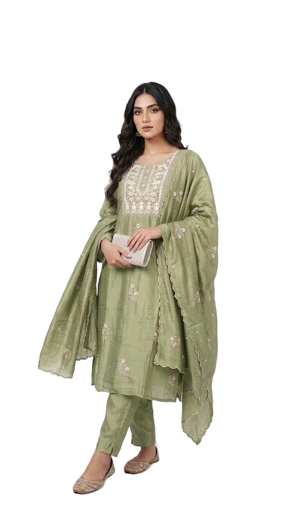 Vichitra Silk Embroidered Suit Set -Scalloped Dupatta -Golden Loom