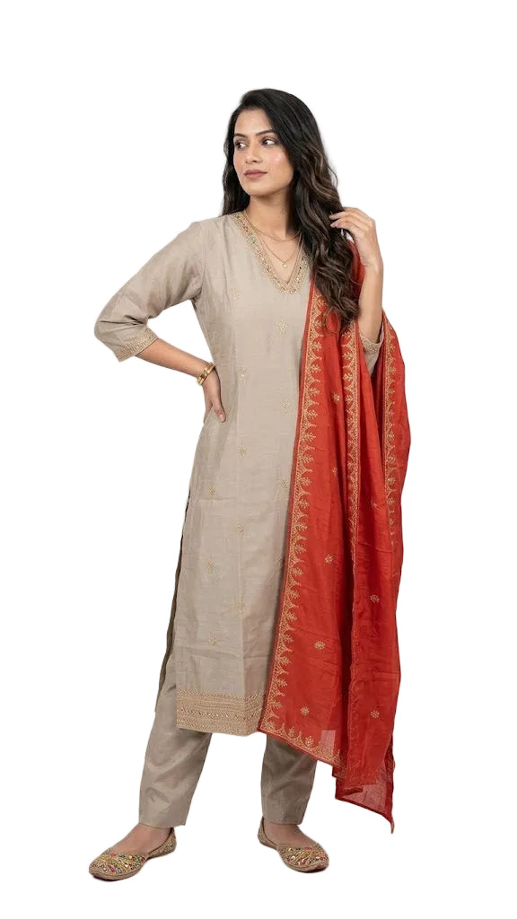 Mul Chanderi Embroidered 3-Piece Suit Set grey and rust orange