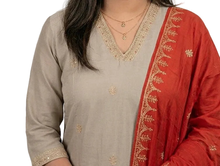 Mul Chanderi Embroidered 3-Piece Suit Set grey and rust orange