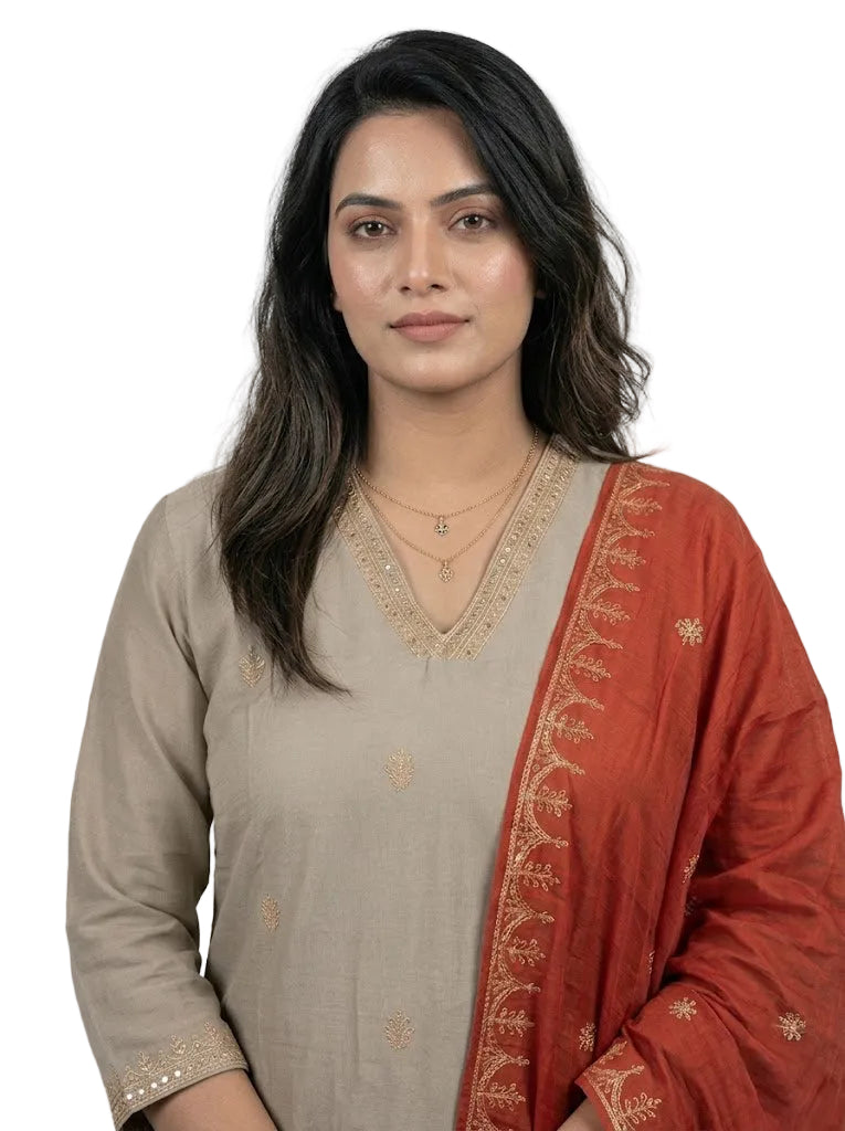 Mul Chanderi Embroidered 3-Piece Suit Set grey and rust orange