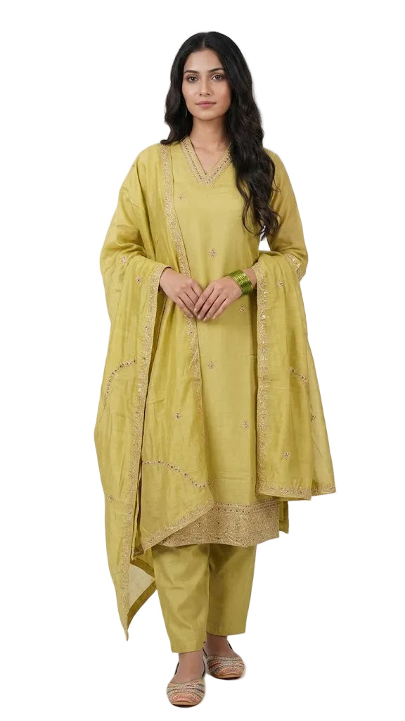 Mul Chanderi Embroidered 3-Piece Suit Set yellow