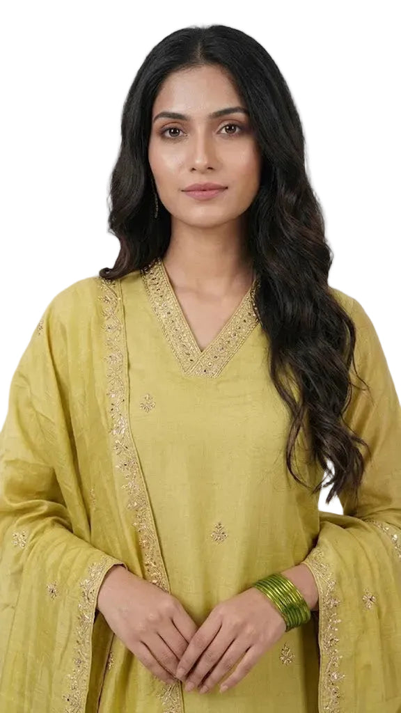 Mul Chanderi Embroidered 3-Piece Suit Set yellow