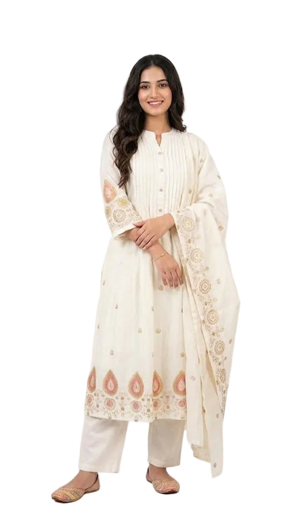Mul Cotton 3-Piece Set - off white -multicolour embroidery