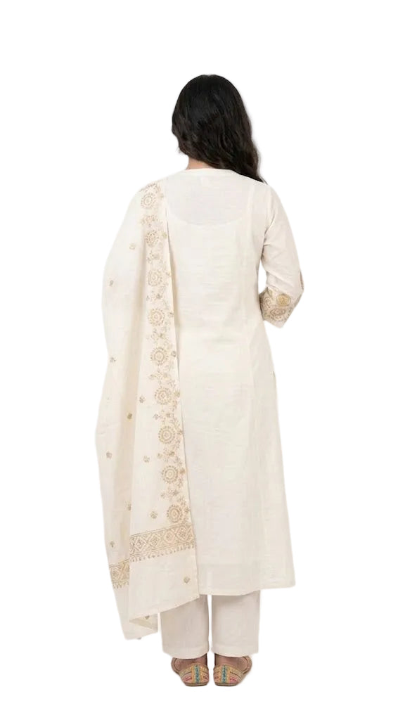 Mul Cotton 3-Piece Set - off white -multicolour embroidery