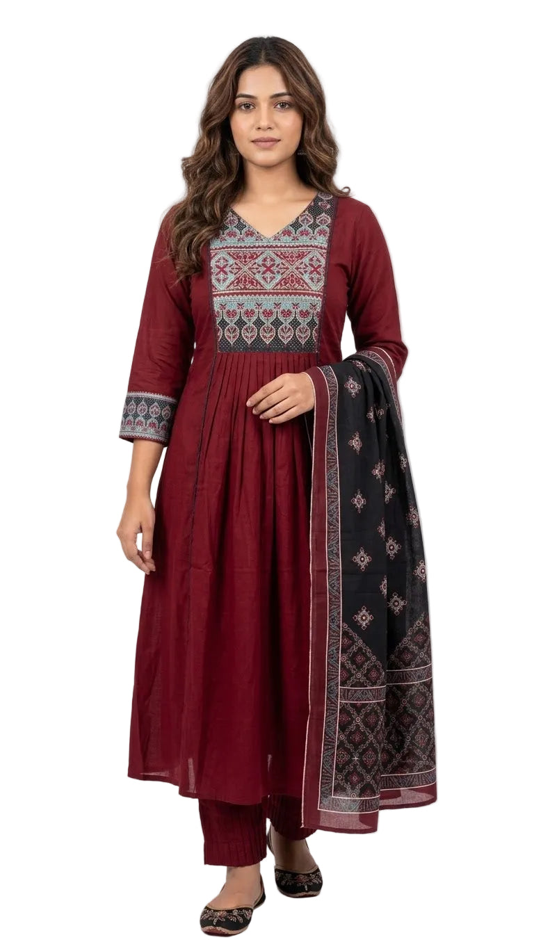 Maroon & Black Cotton Blend 3-Piece Kurti Set with Beadwork Neckline