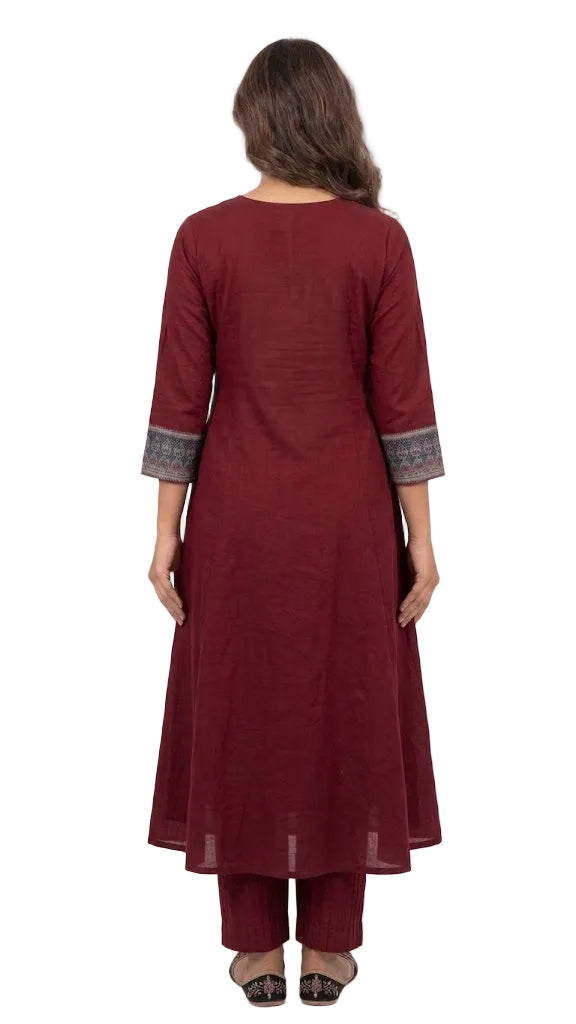 Maroon & Black Cotton Blend 3-Piece Kurti Set with Beadwork Neckline