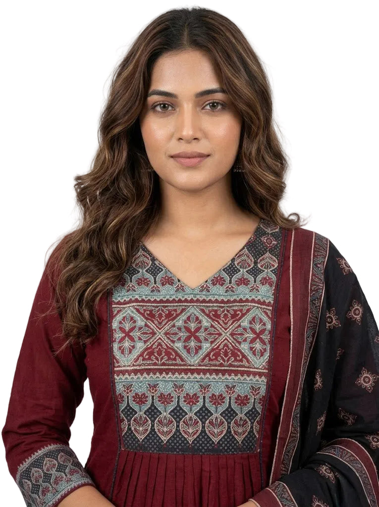Maroon & Black Cotton Blend 3-Piece Kurti Set with Beadwork Neckline