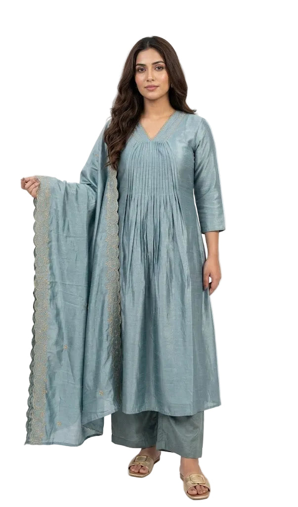 Elegant Cyan Vichithra Silk 2-Piece Set with Hand Bead Neck Work