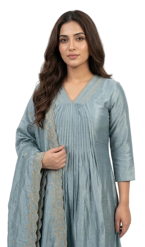 Elegant Cyan Vichithra Silk 2-Piece Set with Hand Bead Neck Work