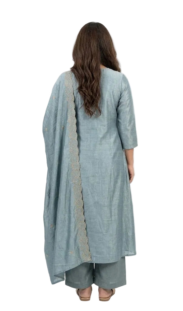 Elegant Cyan Vichithra Silk 2-Piece Set with Hand Bead Neck Work