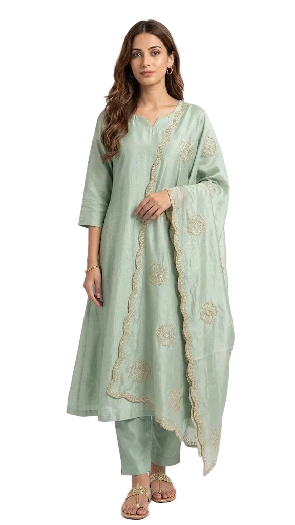 Pastel Green A-Line Kurti with Scalloped Dupatta & All-Over Beadwork (No Trouser)