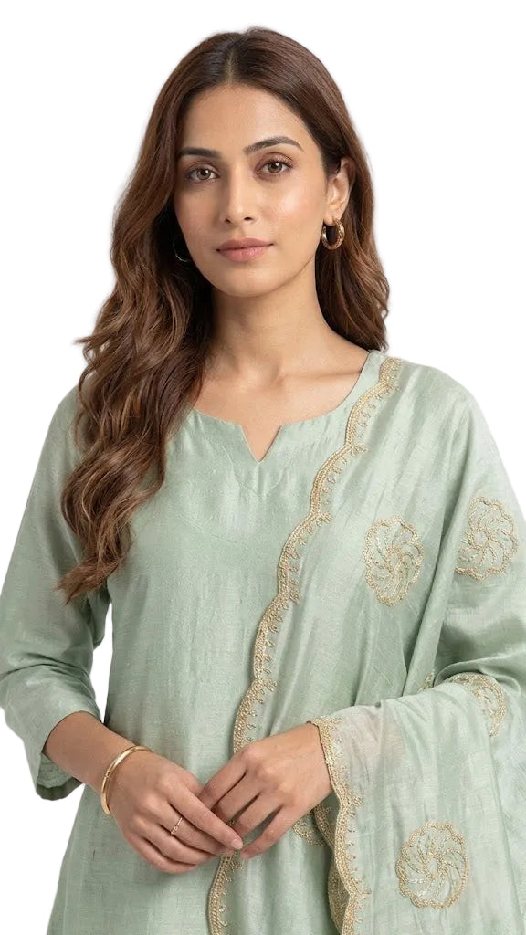 Pastel Green A-Line Kurti with Scalloped Dupatta & All-Over Beadwork (No Trouser)
