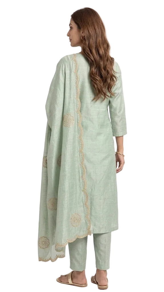 Pastel Green A-Line Kurti with Scalloped Dupatta & All-Over Beadwork (No Trouser)