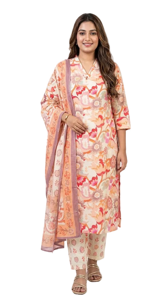 3-Piece Pure Cotton Printed Kurta Set peach