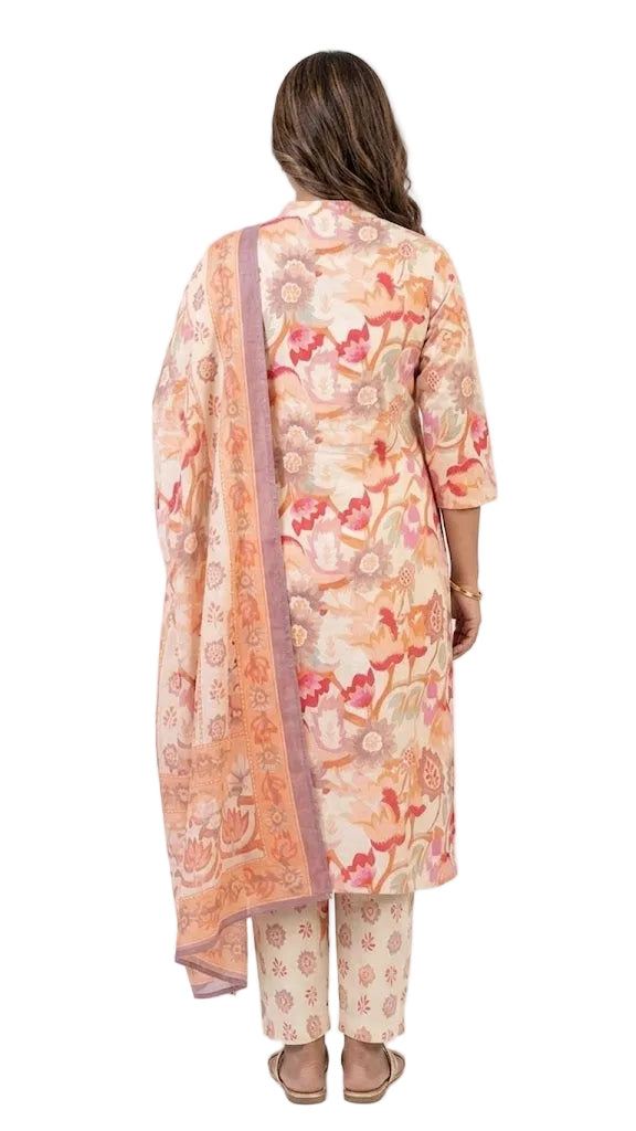 3-Piece Pure Cotton Printed Kurta Set peach