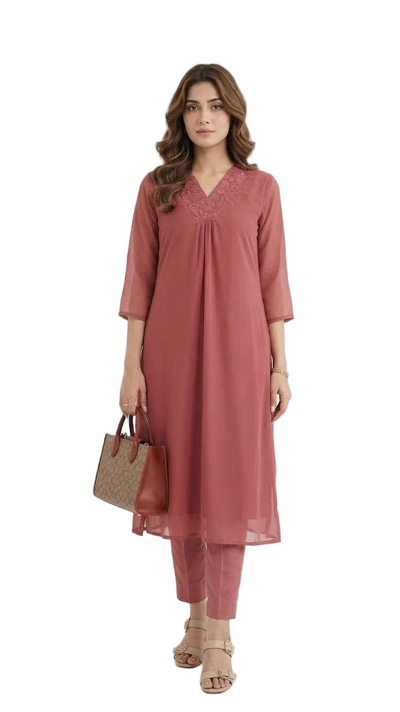 Embroidered Georgette V-Neck Kurti