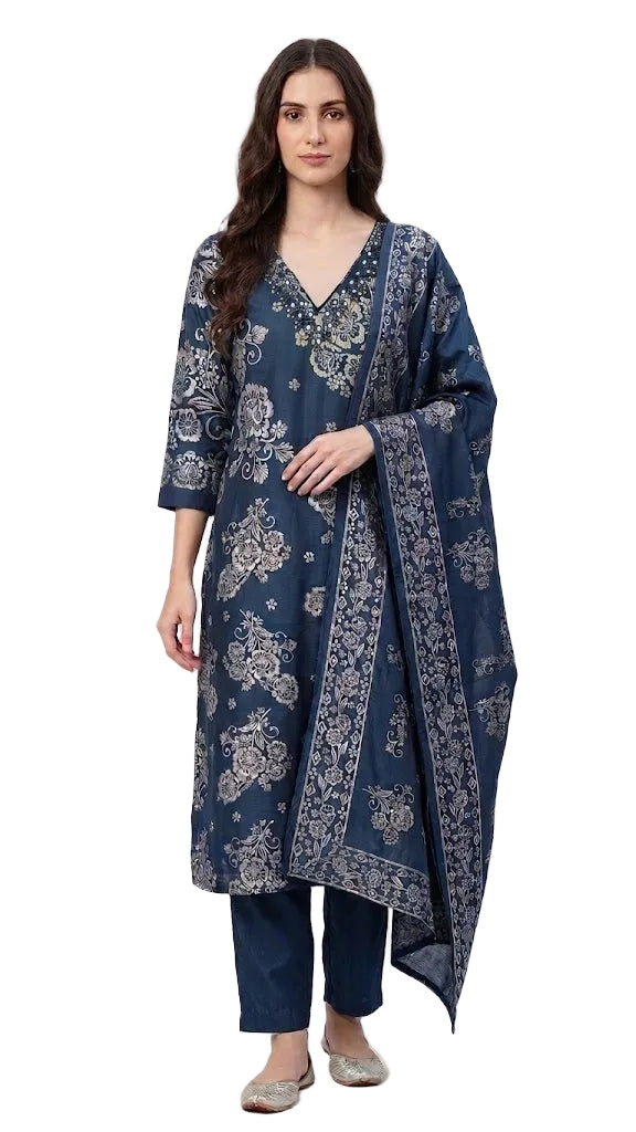 Elegant Printed 3-Piece Kurti Set with Mirror WorkNavy blue