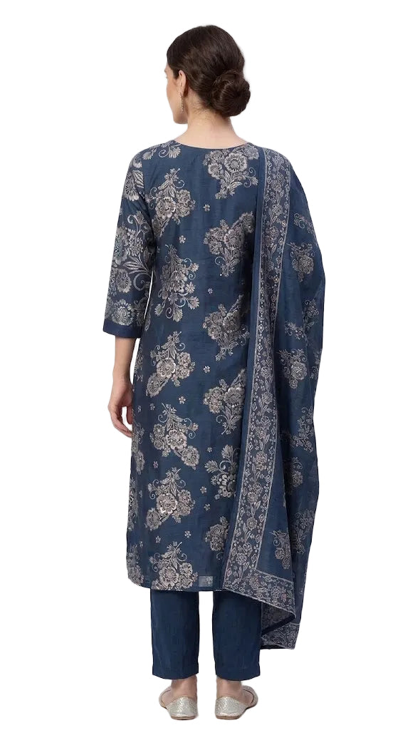 Elegant Printed 3-Piece Kurti Set with Mirror WorkNavy blue