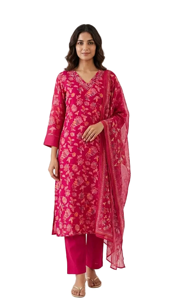 Elegant 3-Piece Ethnic Set – V-Neck Mirror Work