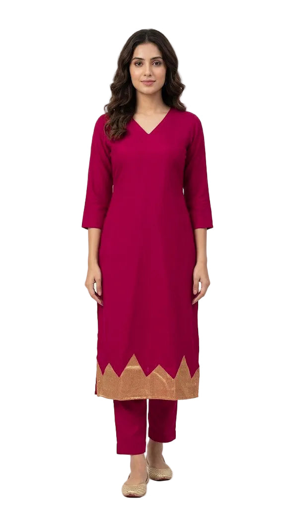 Elegant V-Neck Solid Kurti with Zari Border
