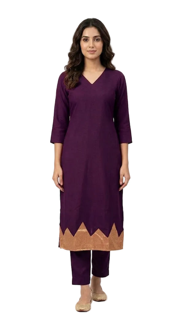 Elegant V-Neck Solid Kurti with Zari Border