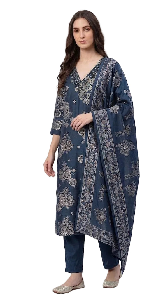 Elegant Printed 3-Piece Kurti Set with Mirror WorkNavy blue