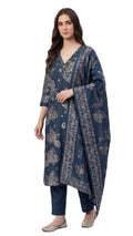 Elegant Printed 3-Piece Kurti Set with Mirror WorkNavy blue