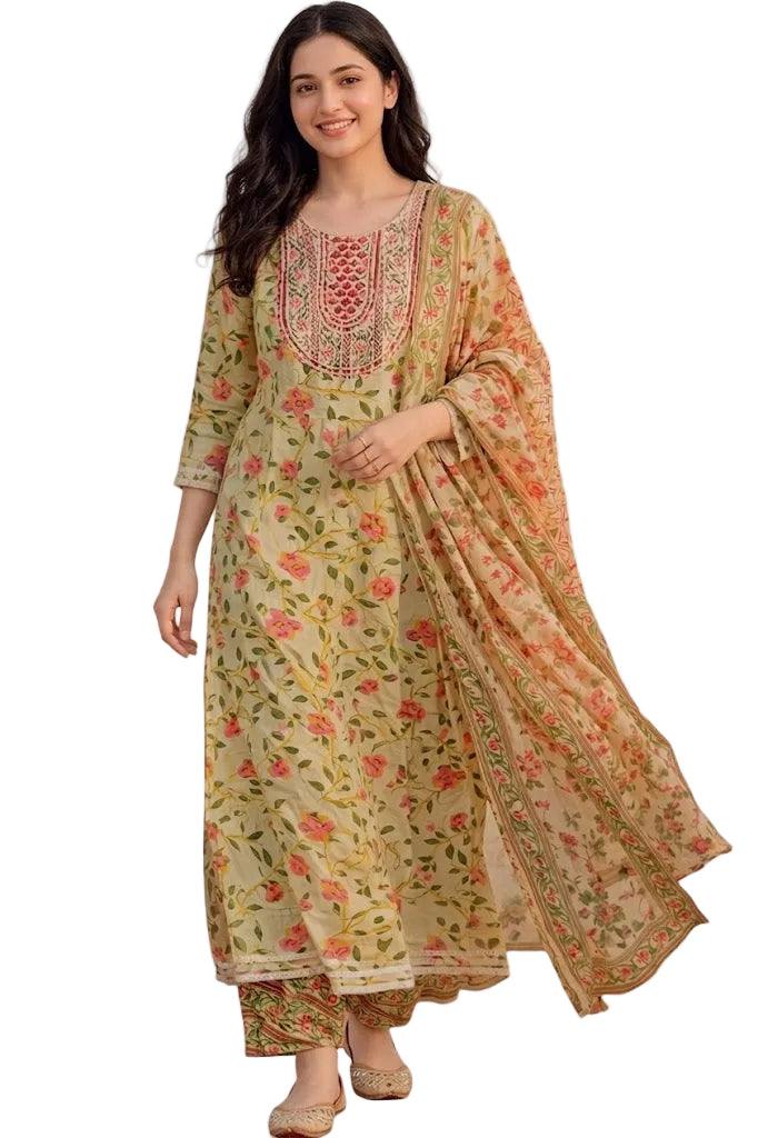 Floral Printed Cotton Anarkali Set with Dupatta – 3 Piece Ethnic Wear