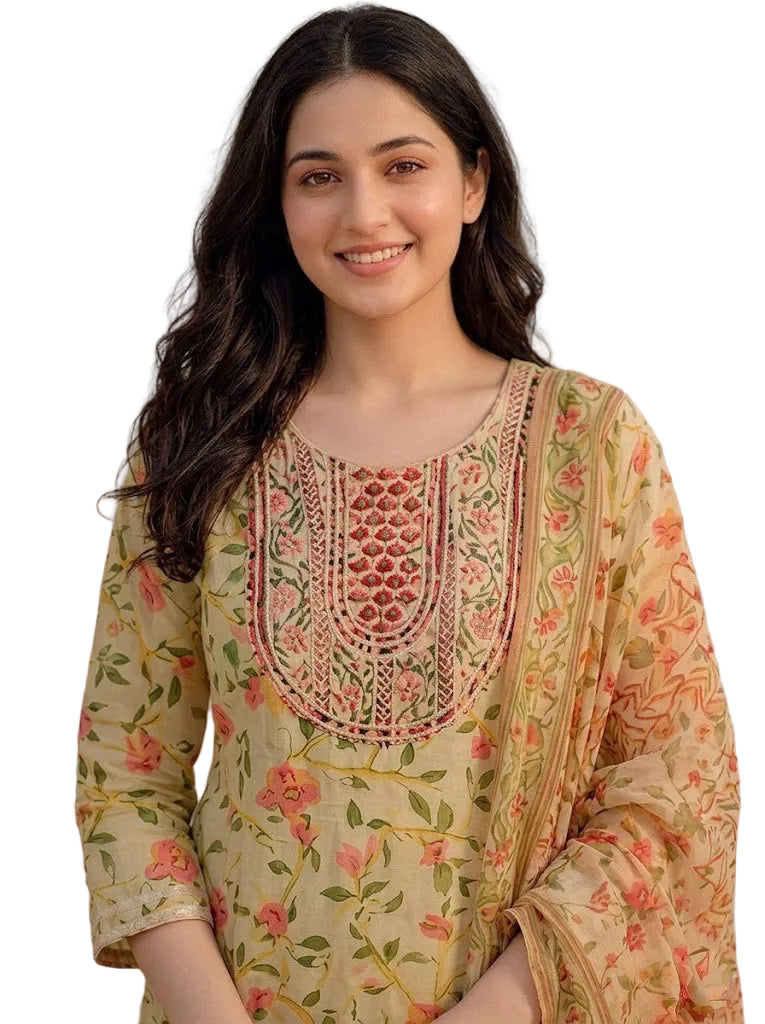 Floral Printed Cotton Anarkali Set with Dupatta – 3 Piece Ethnic Wear