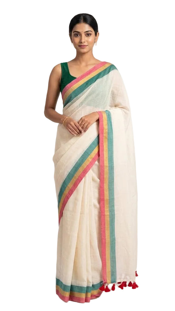 Mul Cotton Saree – Elegant Off-White with Colorful Border