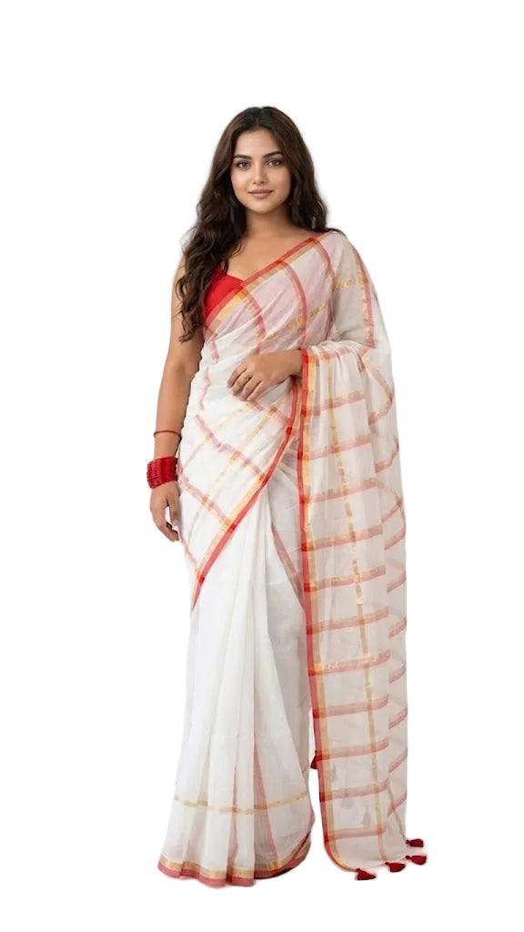 Multi Cotton Saree – Soft Lightweight , Red stripes