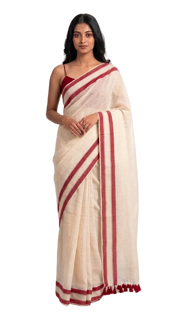 Elegant Off-White Mul Cotton Saree with Black Border (No Blouse Piece) | Available in Red Border Variant