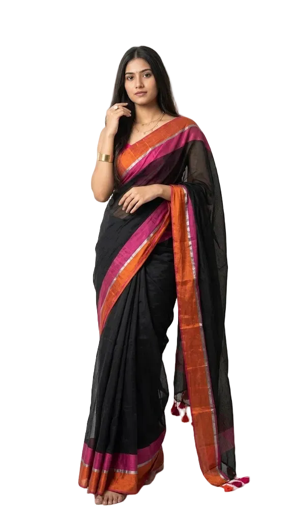 Elegant Black Mull cotton Saree – 120 Count with Contrast Border