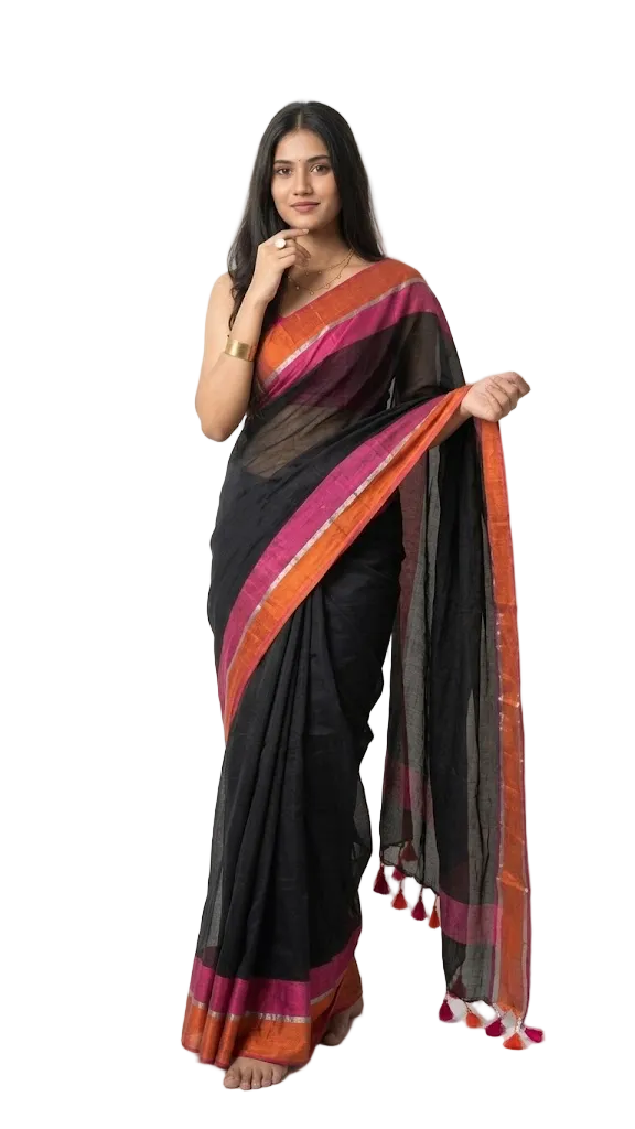 Elegant Black Mull cotton Saree – 120 Count with Contrast Border