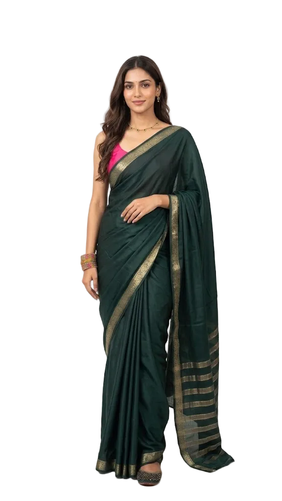Elegant Crepe Silk Saree with Zari Border – Available in Green, Pink & Royal Violet (Includes Blouse)