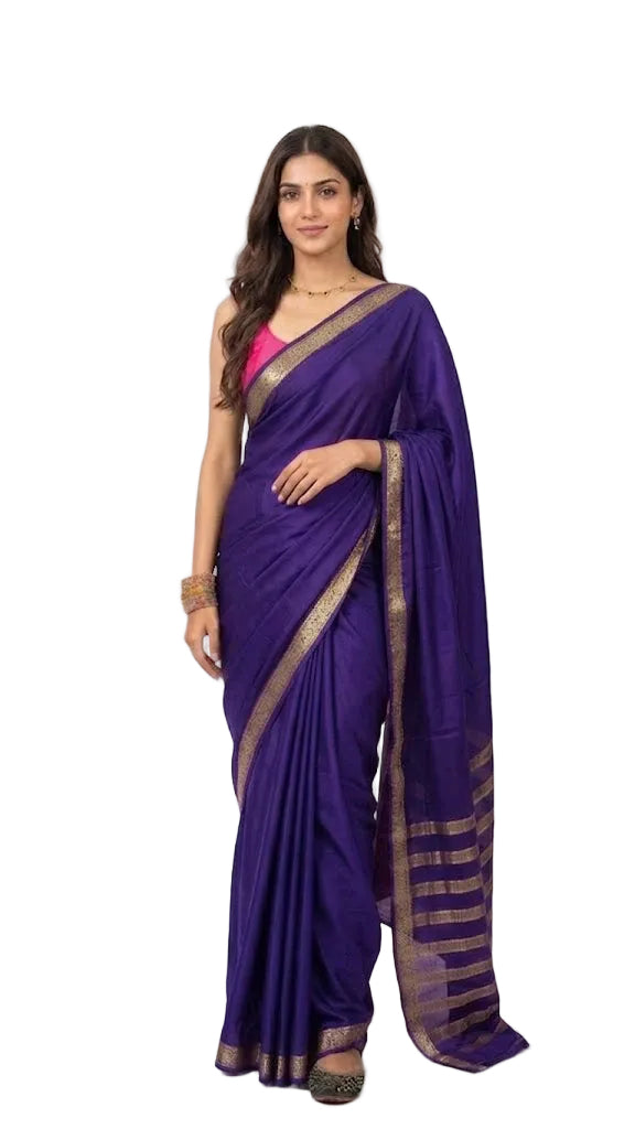 Elegant Crepe Silk Saree with Zari Border – Available in Green, Pink & Royal Violet (Includes Blouse)
