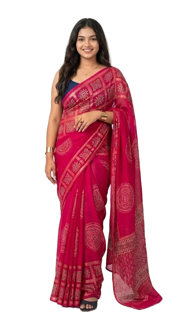Elegant Printed Georgette Saree with Designer Border – Available in Black, Pink, Green & Grape vine (Includes Blouse)