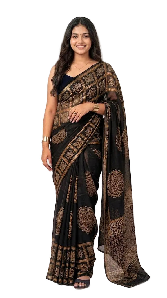 Elegant Printed Georgette Saree with Designer Border – Available in Black, Pink, Green & Grape vine (Includes Blouse)
