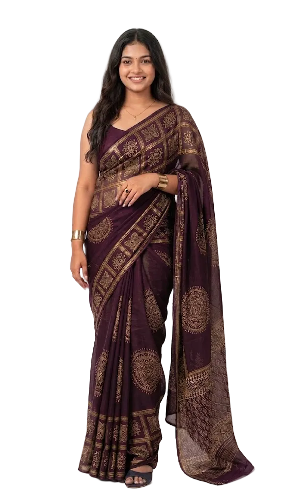 Elegant Printed Georgette Saree with Designer Border – Available in Black, Pink, Green & Grape vine (Includes Blouse)